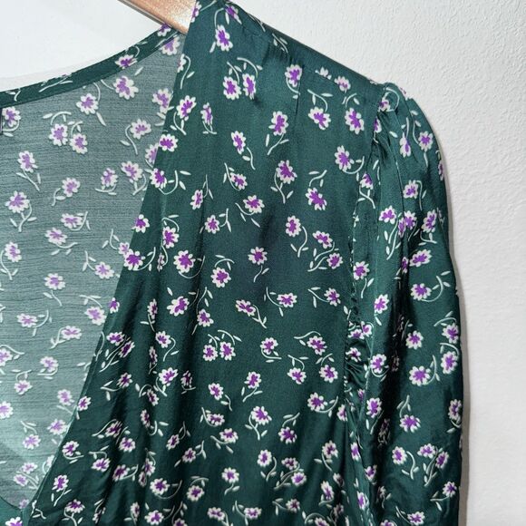 Gap Dress Womens Sz 20 Green Floral Long Sleeve Satin Puff Sleeve Midi V Neck - Picture 4 of 12
